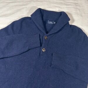 J Crew Navy Blue Shawl Collar Button Neck 100 Lambs Wool Sweater Mens XL
